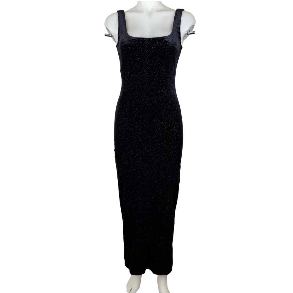 Vintage 90s Black Glitter Stretch Velvet Maxi Dress Square Back Slit 3/4